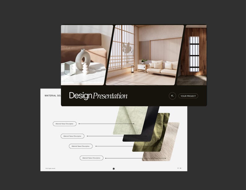May include: A digital design presentation template featuring a dark header with the text Design Presentation, three interior room images, and a lower section displaying four layered fabric swatches in light green, black, olive, and beige with lines.
