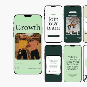Puede incluir: Una colección de pantallas de teléfonos inteligentes que muestran diseños de sitios web. Las pantallas presentan texto como "Growth", "Join our team" y "Making your audience proud". La combinación de colores es principalmente verde y blanco, con imágenes de personas y gráficos.