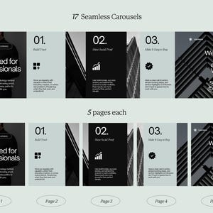 May include: A digital marketing presentation layout with 17 seamless carousels, each with 5 pages. The design features text and graphics on a light green background. The text includes "Created for professionals" and "We don't just grow audiences."