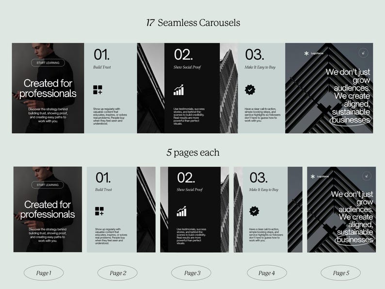 May include: A digital marketing presentation layout with 17 seamless carousels, each with 5 pages. The design features text and graphics on a light green background. The text includes "Created for professionals" and "We don't just grow audiences."