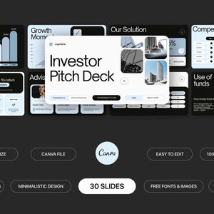 Peut inclure: Mod&egrave;le de pr&eacute;sentation num&eacute;rique intitul&eacute; "Investor Pitch Deck" avec un design &eacute;pur&eacute; et moderne. Les diapositives pr&eacute;sentent des graphiques, des tableaux et des images, avec du texte tel que "Projected Revenue" et "Exit Strategy". Le mod&egrave;le comprend 30 diapositives et est facile &agrave; modifier.