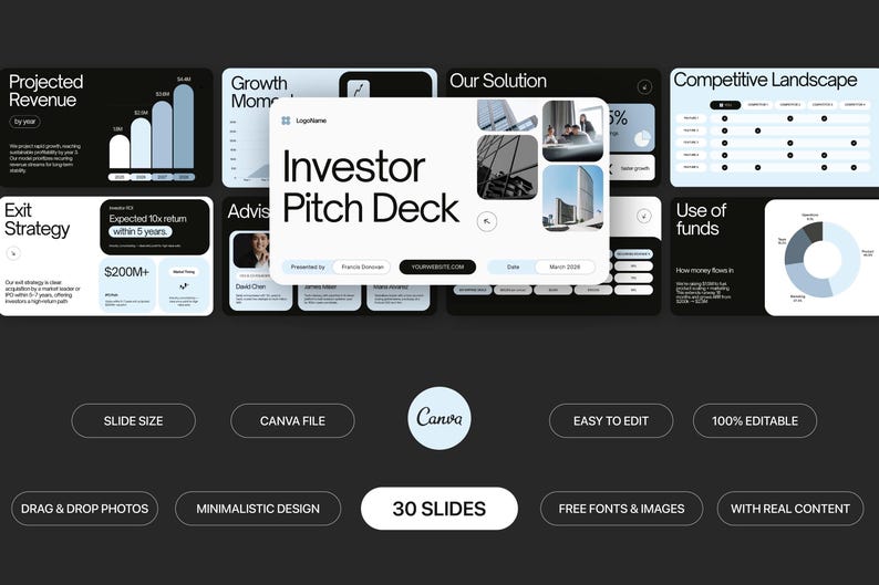 Peut inclure: Mod&egrave;le de pr&eacute;sentation num&eacute;rique intitul&eacute; "Investor Pitch Deck" avec un design &eacute;pur&eacute; et moderne. Les diapositives pr&eacute;sentent des graphiques, des tableaux et des images, avec du texte tel que "Projected Revenue" et "Exit Strategy". Le mod&egrave;le comprend 30 diapositives et est facile &agrave; modifier.