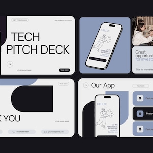 Könnte beinhalten: Modernes Tech-Pitch-Deck-Design. Es zeigt ein Smartphone mit einer Person, die ein Puzzleteil hält, die Wörter "HELLO" und "Our App". Der Text "TECH PITCH DECK" wird zusammen mit "Great opportunity for investors" angezeigt.