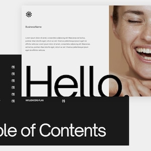 May include: A black and white image with the word "Hello" in large, bold letters. The text "Table of Contents" is below the word "Hello" in a smaller font. The image also includes a list of topics, such as "About the Brand", "Social Media Goals", and "Influencers Plan".
