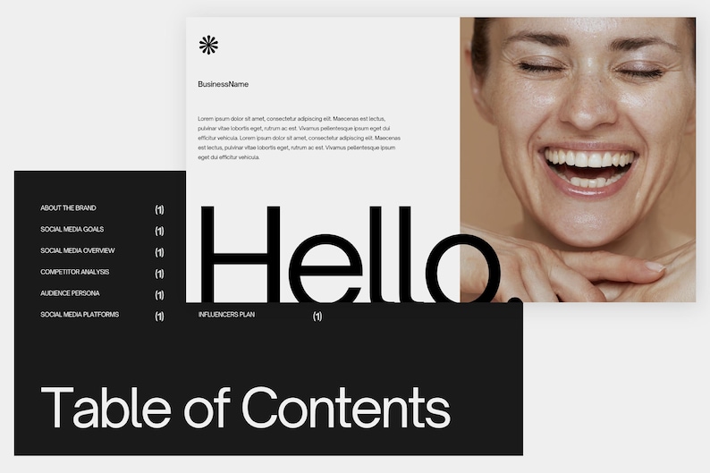 May include: A black and white image with the word "Hello" in large, bold letters. The text "Table of Contents" is below the word "Hello" in a smaller font. The image also includes a list of topics, such as "About the Brand", "Social Media Goals", and "Influencers Plan".