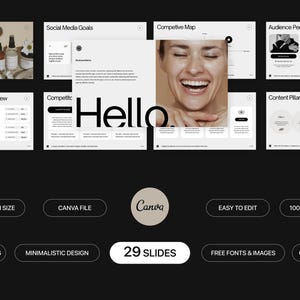 May include: A presentation template with 29 slides for a social media marketing strategy. The template features a black and white color scheme with a minimalist design. The slides include sections for about the brand, social media goals, competitive map, audience persona, content pillars, and current social media overview. The template is easy to edit and 100% editable. It includes drag and drop photos, free fonts and images, and content direction.
