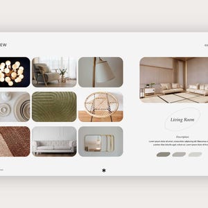 May include: A digital overview page titled OVERVIEW featuring a collection of interior design elements including a chandelier, furniture, textured fabrics, and a living room scene with the text Living Room and placeholder Lorem Ipsum text.