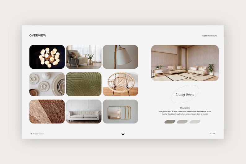 May include: A digital overview page titled OVERVIEW featuring a collection of interior design elements including a chandelier, furniture, textured fabrics, and a living room scene with the text Living Room and placeholder Lorem Ipsum text.