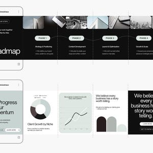 May include: A digital marketing presentation with a black and white color scheme. The presentation includes a roadmap graphic with four phases and a mobile phone graphic with the text "Our Progress Is Your Momentum."
