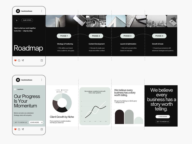 May include: A digital marketing presentation with a black and white color scheme. The presentation includes a roadmap graphic with four phases and a mobile phone graphic with the text "Our Progress Is Your Momentum."
