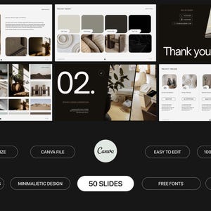 May include: A digital presentation template featuring 50 slides with a neutral color palette. The layout includes sections for project goals, color theory, mood boards, and timelines, with text labels like Canva, 50 Slides, and Easy to Edit.