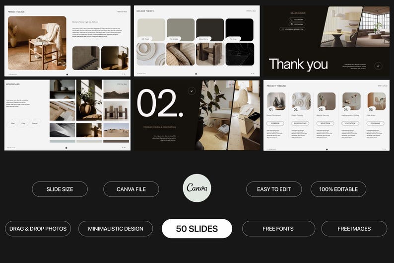 May include: A digital presentation template featuring 50 slides with a neutral color palette. The layout includes sections for project goals, color theory, mood boards, and timelines, with text labels like Canva, 50 Slides, and Easy to Edit.