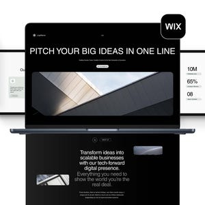 May include: A laptop, tablet, and smartphone display a website interface with the text "PITCH YOUR BIG IDEAS IN ONE LINE." The website showcases business statistics and the Wix logo.