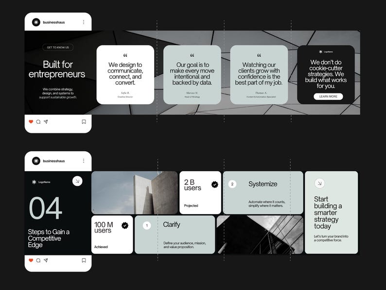 May include: A digital marketing presentation with a dark background. The presentation includes text such as "Built for entrepreneurs" and "We design to communicate, connect, and convert." The presentation also includes the text "04 Steps to Gain a Competitive Edge."