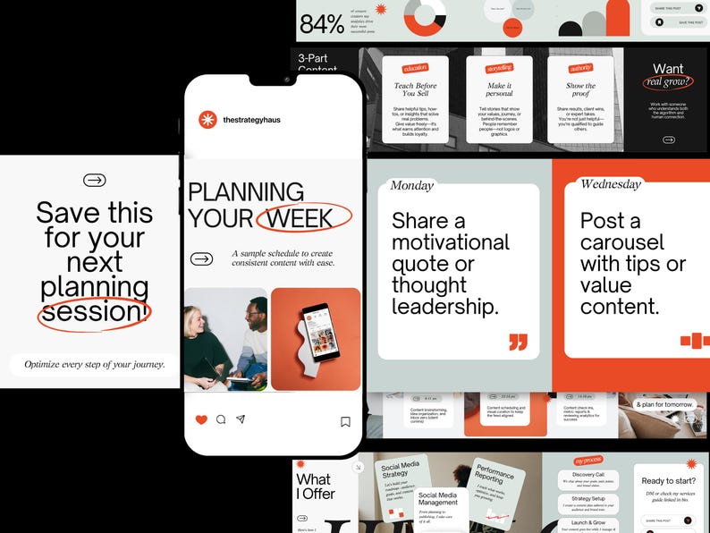 May include: A digital marketing graphic with the text "PLANNING YOUR WEEK" on a phone screen. Other graphics include the text "Save this for your next planning session" and "Share a motivational quote or thought leadership."