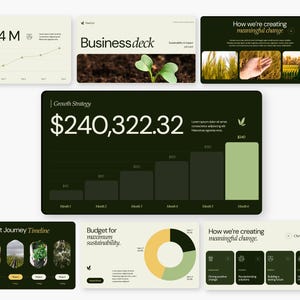 May include: A business deck presentation with a green and white color scheme. The presentation includes charts and graphs showing financial data, a timeline, and a budget for sustainability. The text "How we're creating meaningful change" is featured on multiple slides.