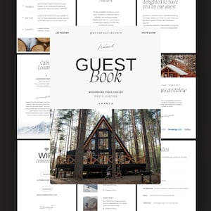 May include: A guest book with a black and white design, featuring the text "GUEST BOOK" in bold, white letters. The book is titled "Whispering Pines Chalet, Haute Savoie, France". The image also shows a wooden cabin in a forest setting.
