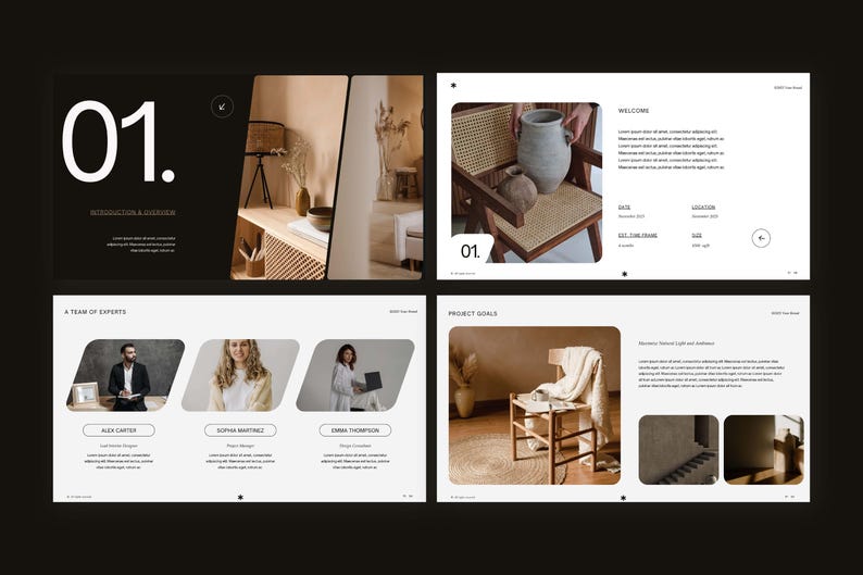May include: A digital presentation deck featuring four slides with a dark and light color scheme. The slides display text, project goals, team member profiles, and interior design imagery including a wooden chair, vases, and architectural details.