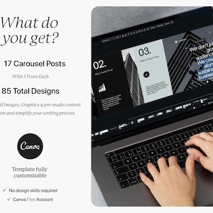 May include: A laptop displaying a presentation with the text "We don't just grow audiences. We create aligned, sustainable businesses." The screen shows a design template with the Canva logo, 17 carousel posts, and 85 total designs.