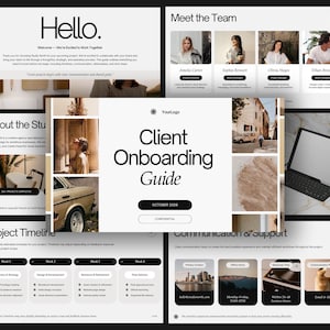 May include: A series of digital documents with a monochrome design. The documents feature the text "Hello", "Meet the Team", "About the Stu", "Client Onboarding Guide", and "Project Timeline". The documents also include various images.