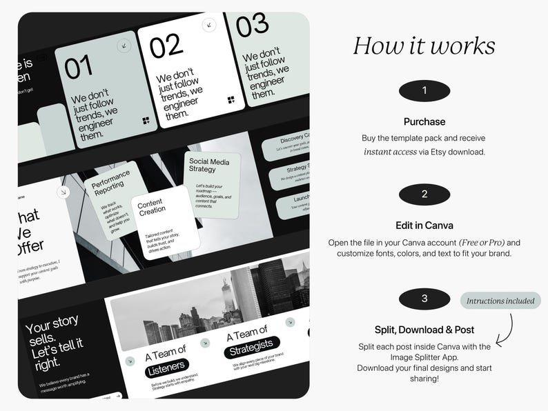 May include: A digital marketing template pack with a black and white design. The image shows a step-by-step guide with numbered cards and text. The text includes "We don't just follow trends, we engineer them."