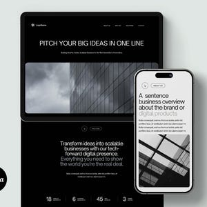 May include: A digital design showing a website and a smartphone displaying a business overview. The website features the text "PITCH YOUR BIG IDEAS IN ONE LINE" and "Transform ideas into scalable businesses". The Canva logo is visible.