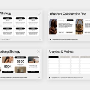 May include: A presentation slide deck with four slides. The first slide is titled "Hashtag Strategy" and has a grid of eight black boxes with the word "Hashtag" in white text. The second slide is titled "Influencer Collaboration Plan" and has two images of women in swimwear. The third slide is titled "Paid Advertising Strategy" and has three images of women in swimwear. The fourth slide is titled "Analytics & Metrics" and has a grid of 12 white boxes.
