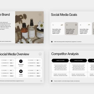 May include: A presentation slide deck with the title "About the Brand" and a photo of three bottles of skincare products. The next slide is titled "Social Media Goals" and has four boxes with text. The third slide is titled "Current Social Media Overview" and shows a table with data about social media platforms. The final slide is titled "Competitor Analysis" and has three boxes with text.