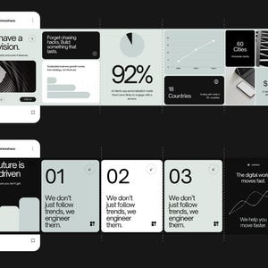 May include: A digital marketing presentation with a black and white color scheme. The presentation includes charts, graphs, and text, including the words "You have a real vision" and "The future is tech-driven."