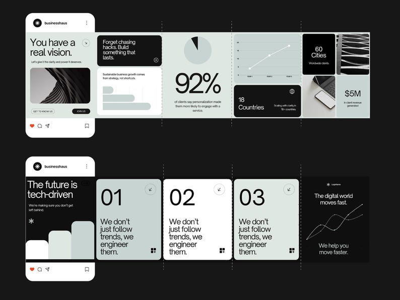 May include: A digital marketing presentation with a black and white color scheme. The presentation includes charts, graphs, and text, including the words "You have a real vision" and "The future is tech-driven."