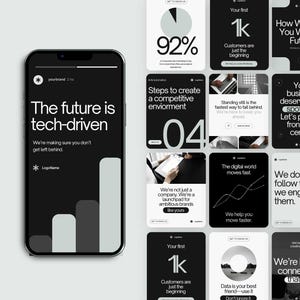 Może przedstawiać: Czarno-biały ekran telefonu komórkowego wyświetlający stronę internetową z tekstem "The future is tech-driven" i wykresem słupkowym. Strona zawiera również tekst "We're making sure you don't get left behind." i logo ze znakiem gwiazdy.