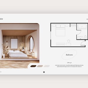 May include: A digital presentation slide titled OVERVIEW featuring a bedroom interior design with a platform bed, wood-paneled walls, and a circular window, alongside a black-and-white floor plan layout labeled Bedroom with 1500 sq. ft. text.