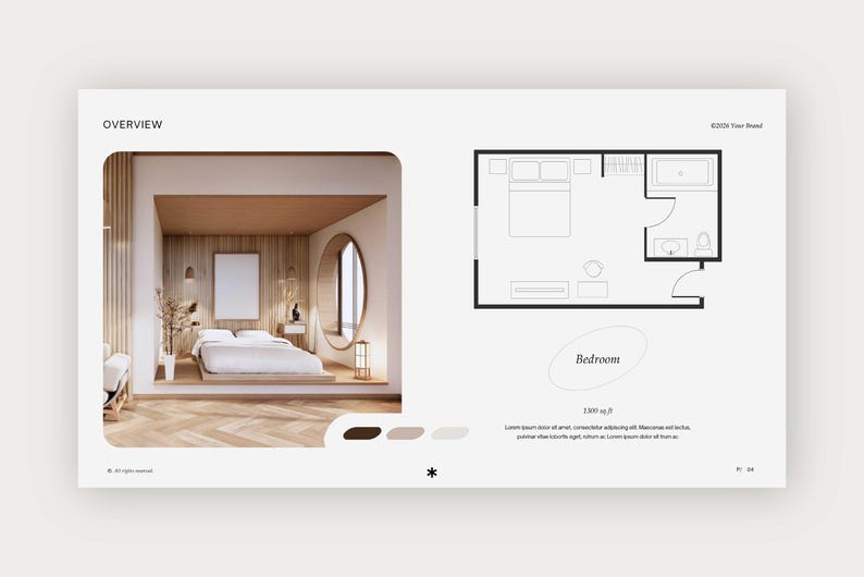 May include: A digital presentation slide titled OVERVIEW featuring a bedroom interior design with a platform bed, wood-paneled walls, and a circular window, alongside a black-and-white floor plan layout labeled Bedroom with 1500 sq. ft. text.