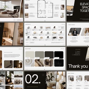 May include: A digital design presentation template featuring multiple slides with a neutral color palette, interior design floor plans, furniture shopping lists, project timelines, and typography including the text Elevating Spaces Together.