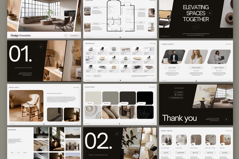 May include: A digital design presentation template featuring multiple slides with a neutral color palette, interior design floor plans, furniture shopping lists, project timelines, and typography including the text Elevating Spaces Together.