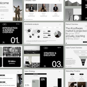 May include: A presentation slide deck with a black and white colour scheme. The slides feature text, charts, and graphs. The text includes the words "Welcome", "Introduction & Business Overview", "Strategy & Execution", "Research & Analysis", "Market Overview", "Sales Funnel Overview", "Sales Strategy", and "Marketing Timeline".