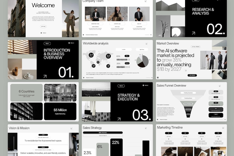 May include: A presentation slide deck with a black and white colour scheme. The slides feature text, charts, and graphs. The text includes the words "Welcome", "Introduction & Business Overview", "Strategy & Execution", "Research & Analysis", "Market Overview", "Sales Funnel Overview", "Sales Strategy", and "Marketing Timeline".