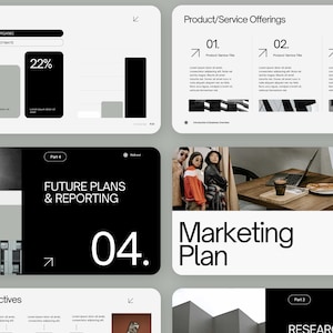 Pode incluir: Um baralho de slides de apresentação preto e branco com o título "Plano de Marketing" e o subtítulo "# 2025". O baralho de slides inclui uma seção sobre "Estratégia de Vendas", "Ofertas de Produtos/Serviços", "Planos Futuros e Relatórios", e "Objetivos de Marketing".