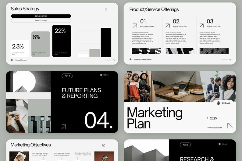 May include: A black and white presentation slide deck with the title "Marketing Plan" and the subtitle "# 2025". The slide deck includes a section on "Sales Strategy", "Product/Service Offerings", "Future Plans & Reporting", and "Marketing Objectives".