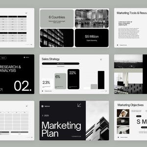 May include: A black and white marketing plan presentation with a minimalist design. The presentation includes charts, graphs, and text about sales strategy, research and analysis, strategy and execution, and marketing objectives. The presentation also includes a financial forecast, content marketing plan, and marketing tools and resources.