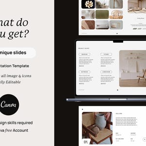 May include: A digital presentation template featuring 54 unique slides compatible with Canva. The layout includes text reading What do you get?, 54 unique slides, Presentation Template, Includes all image & icons, Fully Editable, and No design skills required.