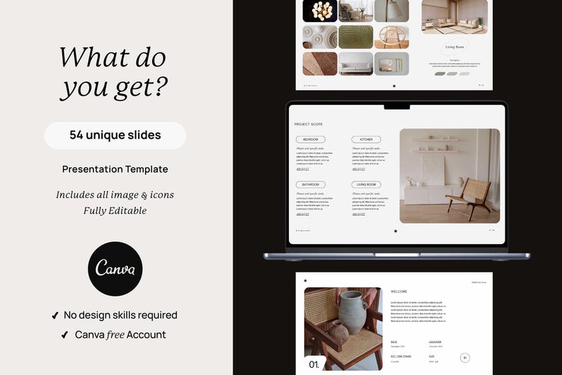 May include: A digital presentation template featuring 54 unique slides compatible with Canva. The layout includes text reading What do you get?, 54 unique slides, Presentation Template, Includes all image & icons, Fully Editable, and No design skills required.