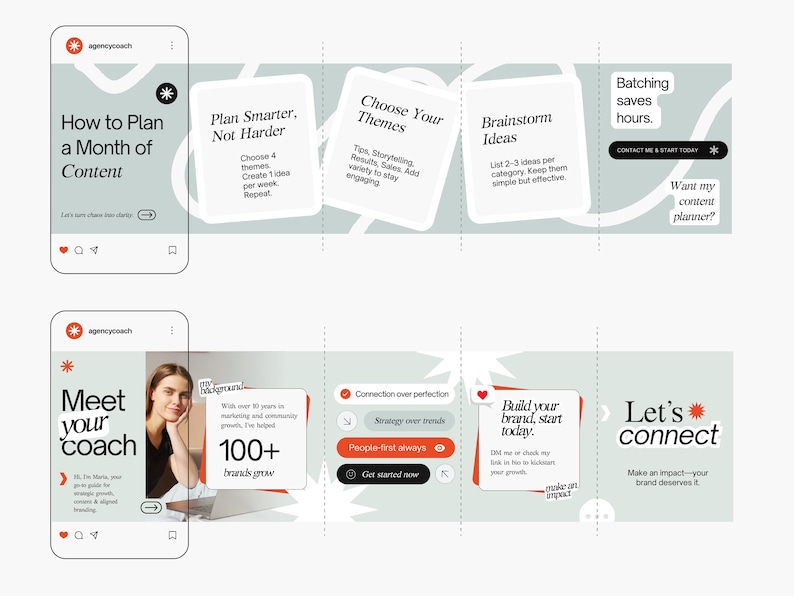 May include: A digital marketing presentation with a light green and white color scheme. The presentation includes text such as "How to Plan a Month of Content" and "Meet your coach". The presentation also includes a photo of a woman.
