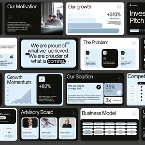 Peut inclure: Pr&eacute;sentation num&eacute;rique avec un fond sombre et des zones de texte bleues claires et blanches. Les diapositives couvrent des sujets tels que la croissance, l'investissement et les mod&egrave;les &eacute;conomiques. Le texte comprend "Investor Pitch Deck" et "Our Motivation."