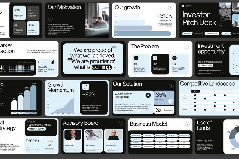 Peut inclure: Pr&eacute;sentation num&eacute;rique avec un fond sombre et des zones de texte bleues claires et blanches. Les diapositives couvrent des sujets tels que la croissance, l'investissement et les mod&egrave;les &eacute;conomiques. Le texte comprend "Investor Pitch Deck" et "Our Motivation."