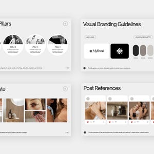 May include: A presentation slide deck with four slides. The first slide is titled "Content Pillars" and shows four circles with images of different content categories. The second slide is titled "Visual Branding Guidelines" and shows the company logo, color palette, and font. The third slide is titled "Visual Style" and shows a collage of images that represent the company's visual style. The fourth slide is titled "Post References" and shows examples of social media posts.