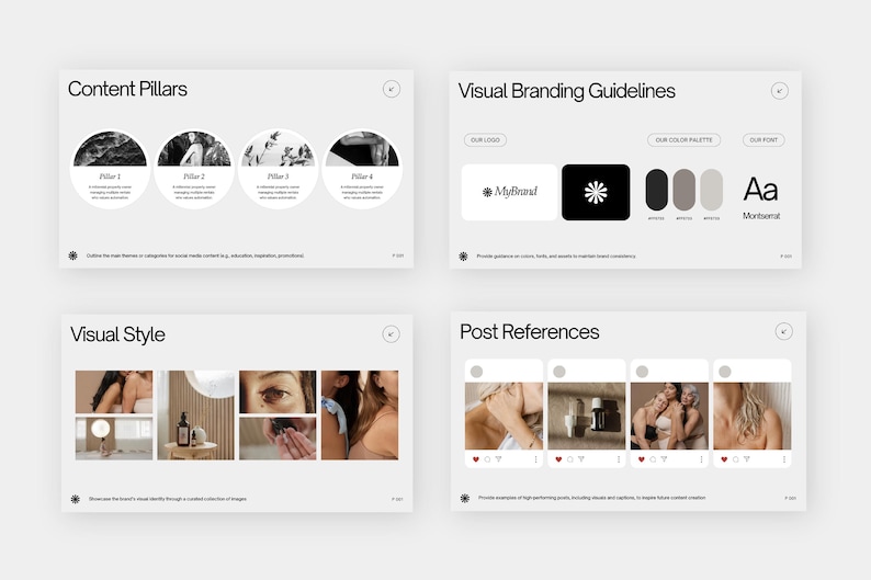 May include: A presentation slide deck with four slides. The first slide is titled "Content Pillars" and shows four circles with images of different content categories. The second slide is titled "Visual Branding Guidelines" and shows the company logo, color palette, and font. The third slide is titled "Visual Style" and shows a collage of images that represent the company's visual style. The fourth slide is titled "Post References" and shows examples of social media posts.