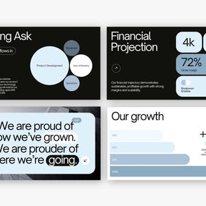 Peut inclure: Une pr&eacute;sentation avec quatre diapositives. La premi&egrave;re diapositive est intitul&eacute;e "Funding Ask" avec un diagramme. La deuxi&egrave;me diapositive est intitul&eacute;e "Financial Projection" avec des donn&eacute;es financi&egrave;res. La troisi&egrave;me diapositive dit "We are proud of how we've grown." La quatri&egrave;me diapositive est intitul&eacute;e "Our growth".