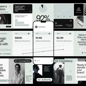May include: A digital marketing infographic with a black and white color scheme. The graphic includes charts, graphs, and text boxes with information about business growth, key partnerships, and content strategy.