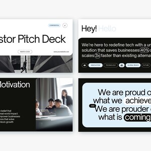Peut inclure: Un deck de pr&eacute;sentation avec quatre diapositives. La premi&egrave;re diapositive indique "Investor Pitch Deck". La deuxi&egrave;me diapositive dit "Hey! Hello" et met en &eacute;vidence une solution technologique. La troisi&egrave;me diapositive dit "Our Motivation". La quatri&egrave;me diapositive dit "We are proud of what we achieved."